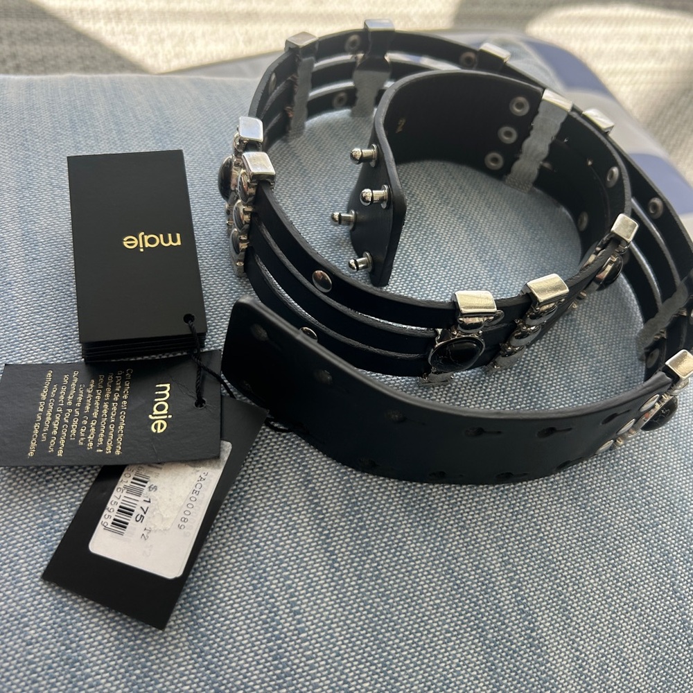 Maje Black Leather Belt with Black stones and Silver hardware
